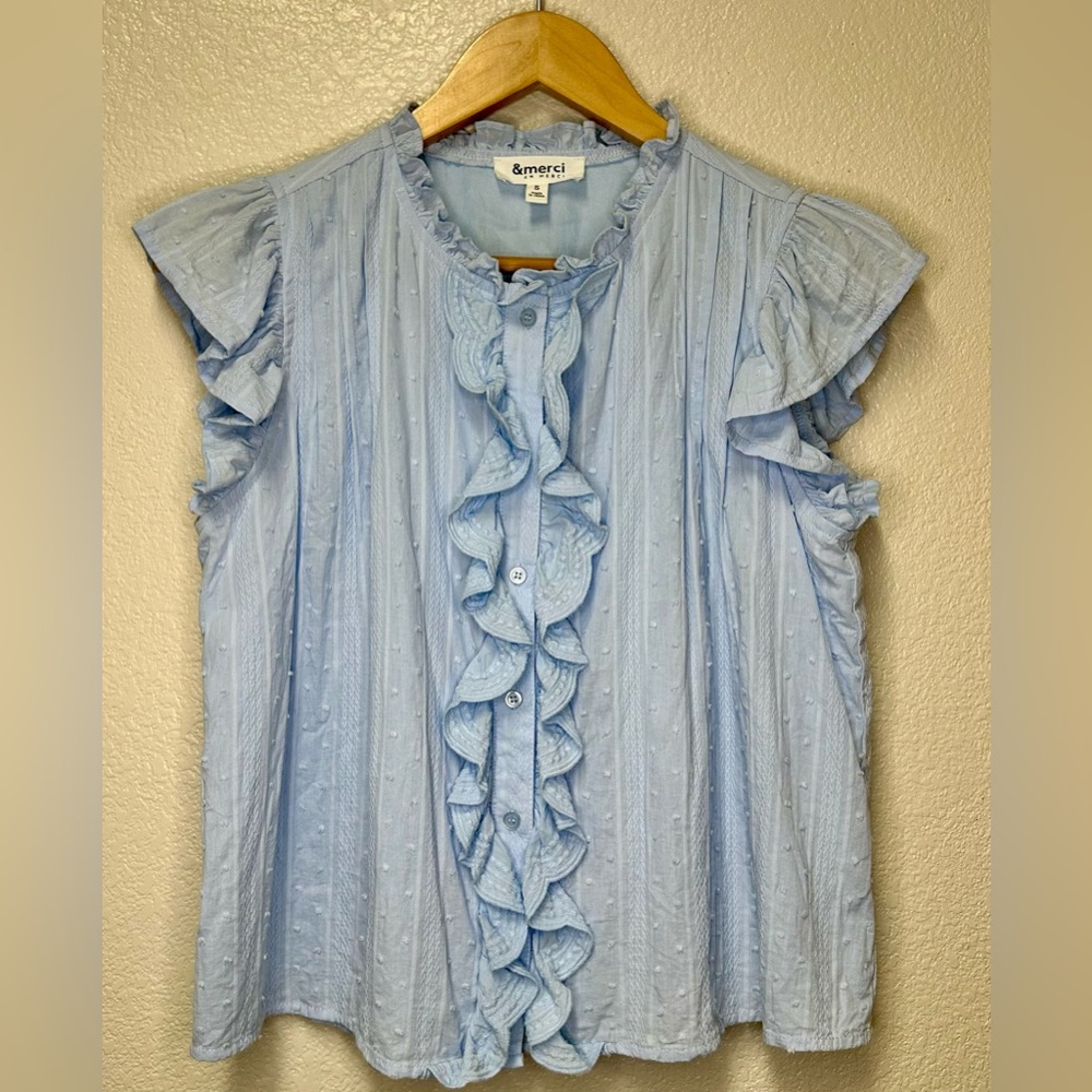 &Merci Light Blue Ruffle Sleeve swissdots Blouse